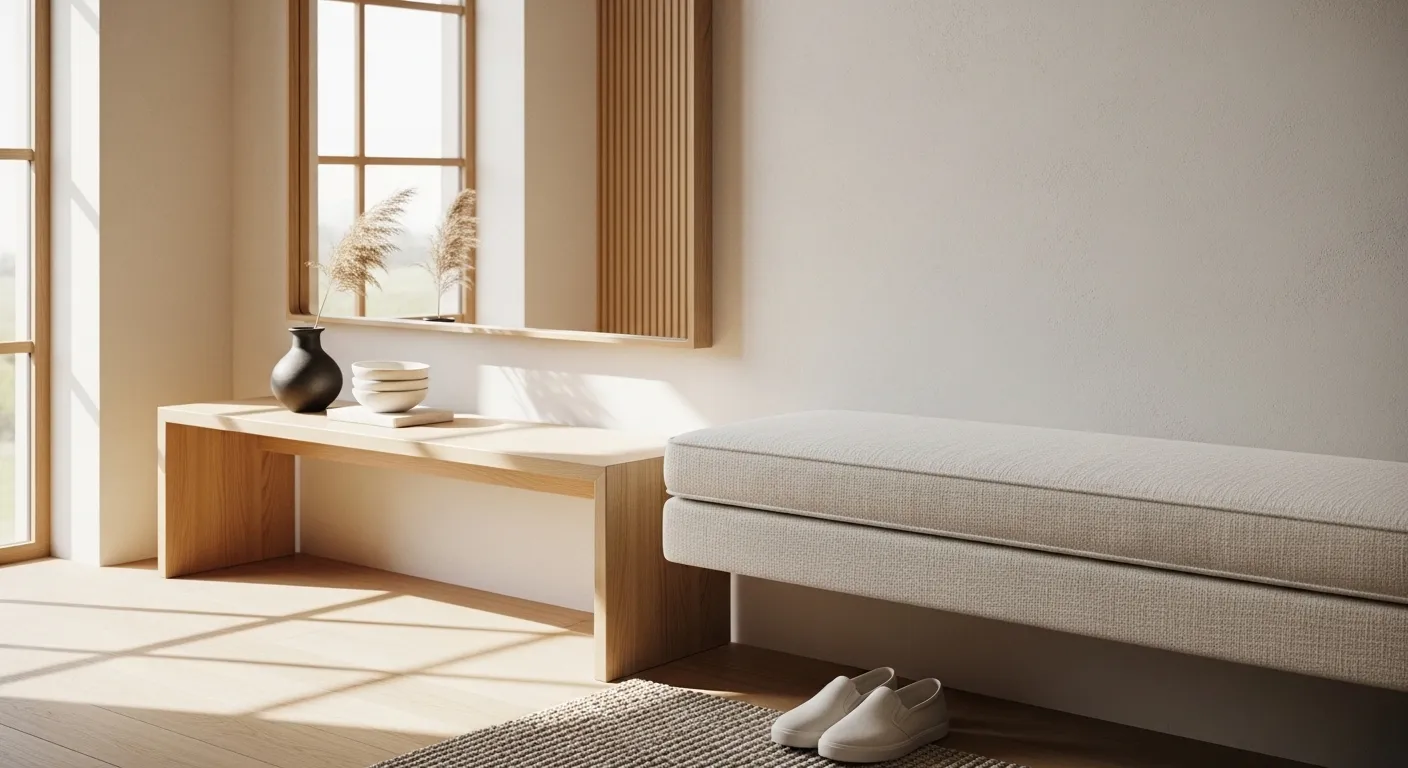 Off-white Japandi entryway with upholstered bench, wood console, and soft sunlight
