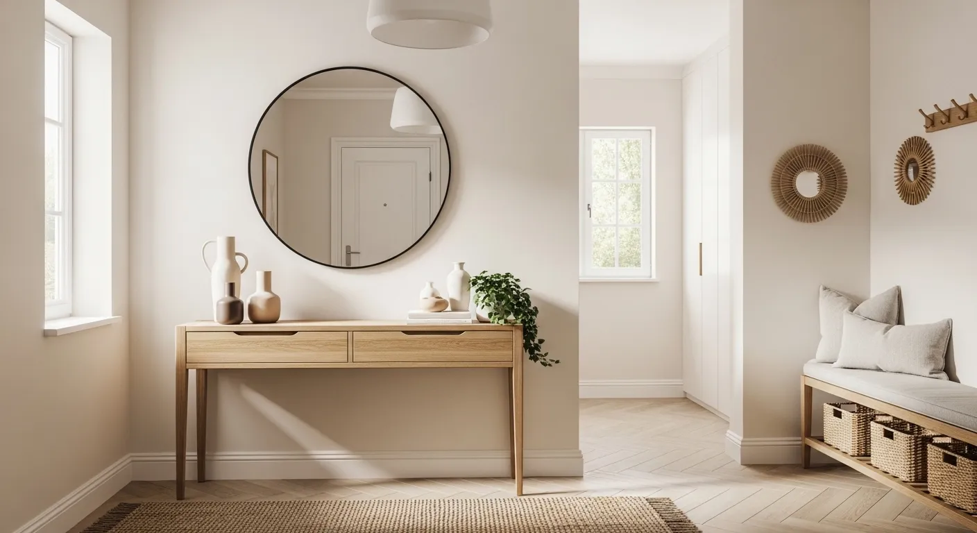 Off-white Japandi entryway with oak console, round mirror, woven bench storage