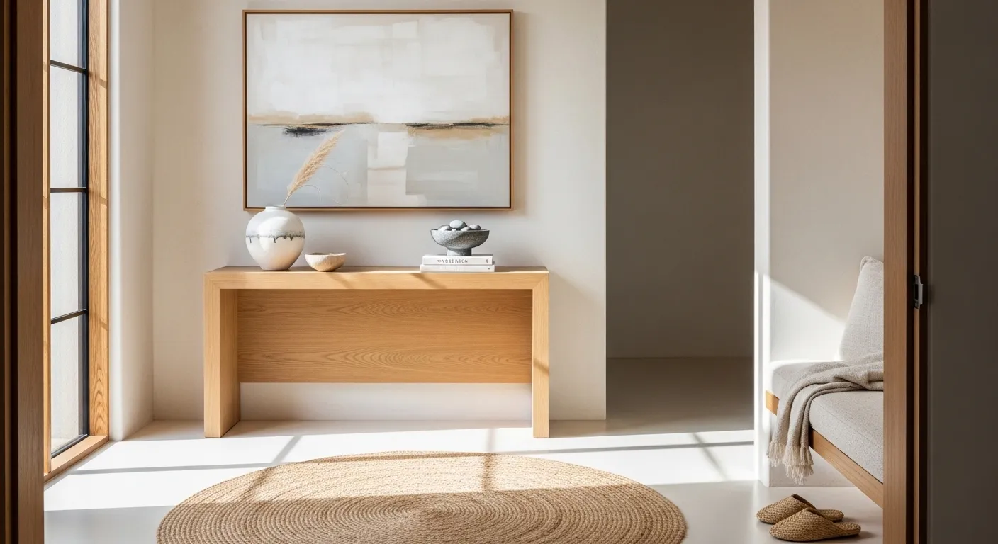 Japandi entryway with light wood console, off-white walls, neutral rug