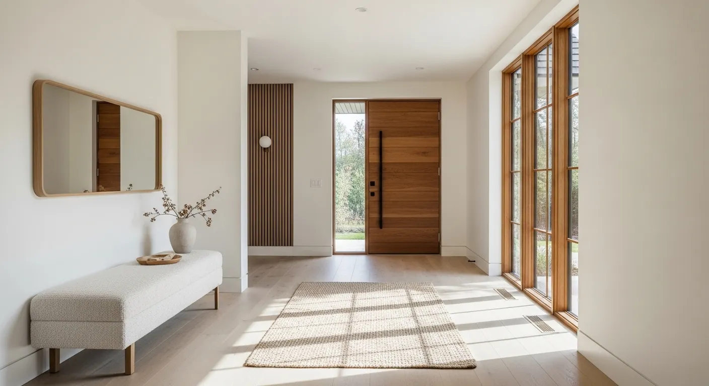 Off-white Japandi entryway with wooden door, bench, mirror, and woven rug