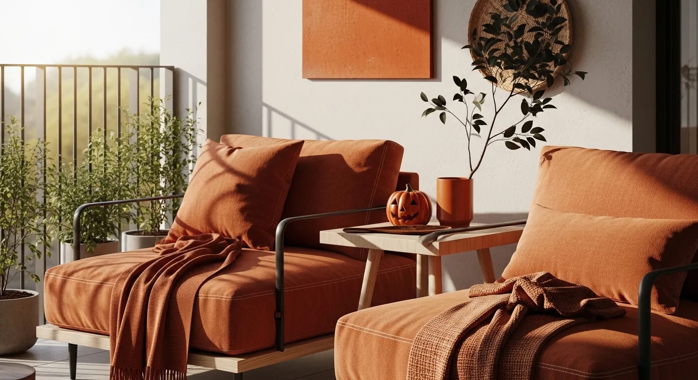 Minimalist Japandi balcony featuring light wood furniture and burnt orange cushions