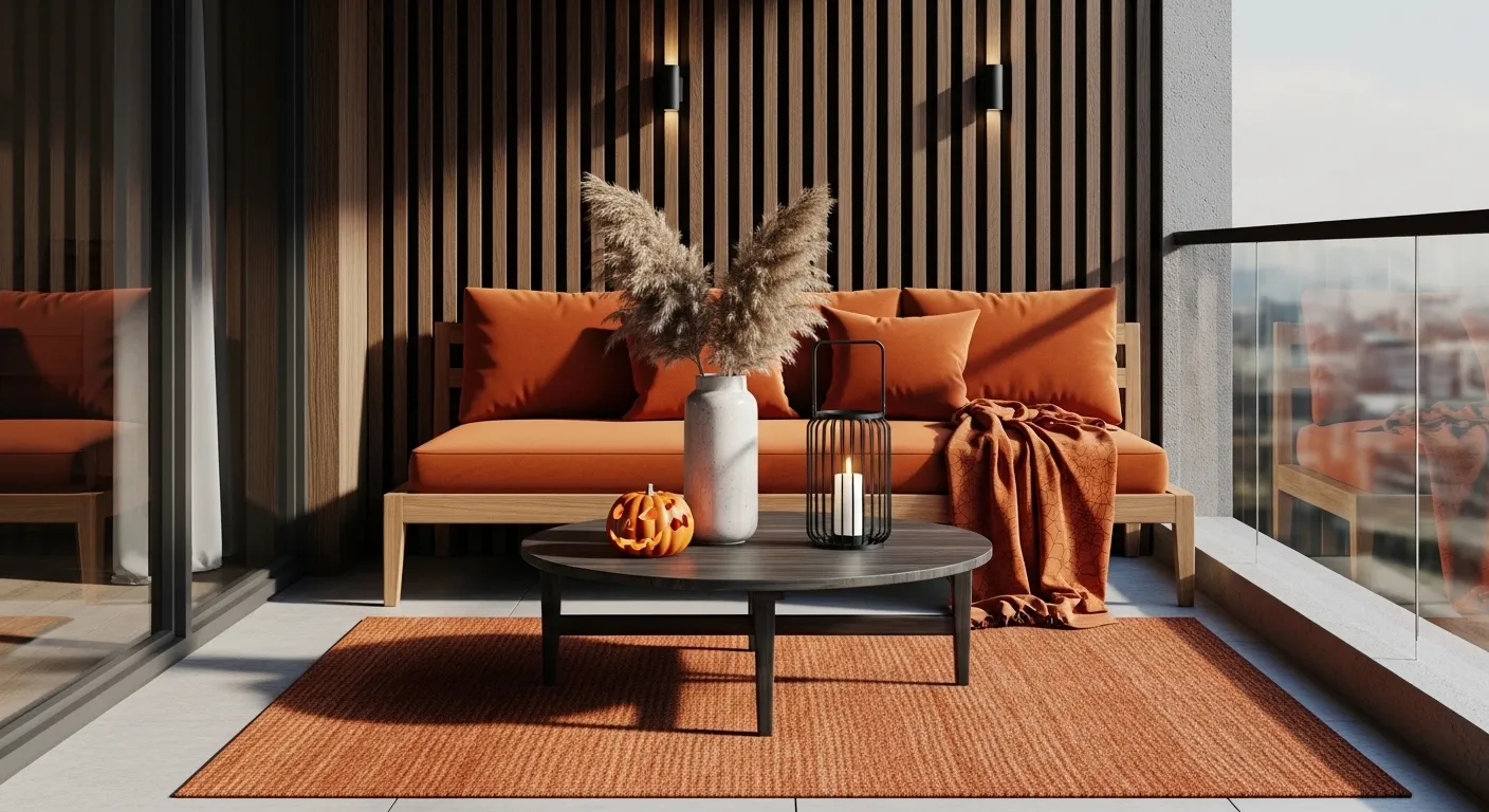 Minimalist Japandi balcony featuring light wood furniture and cozy burnt orange cushions