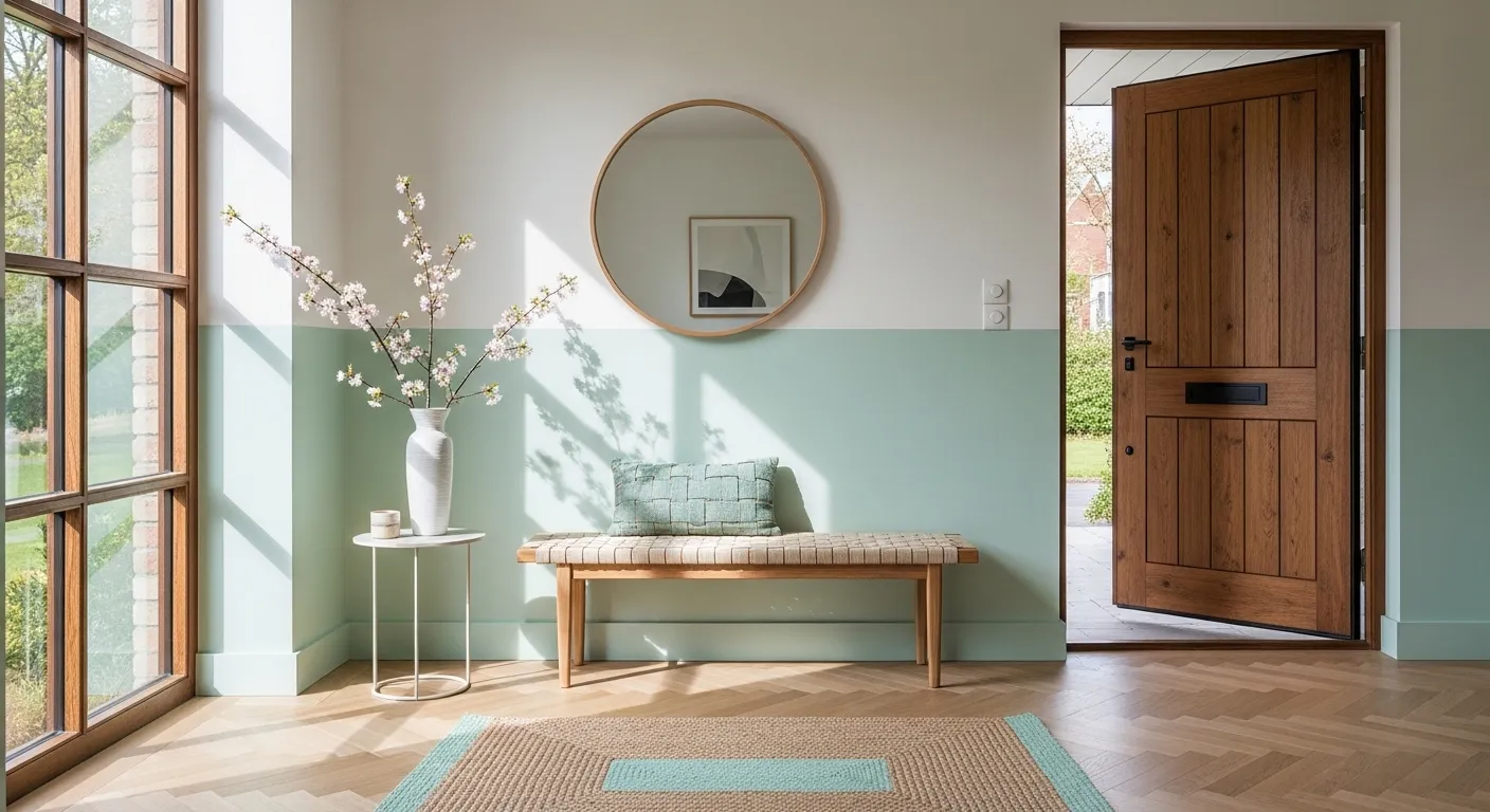 Minimalist Japandi entryway featuring pastel mint walls and light oak furniture