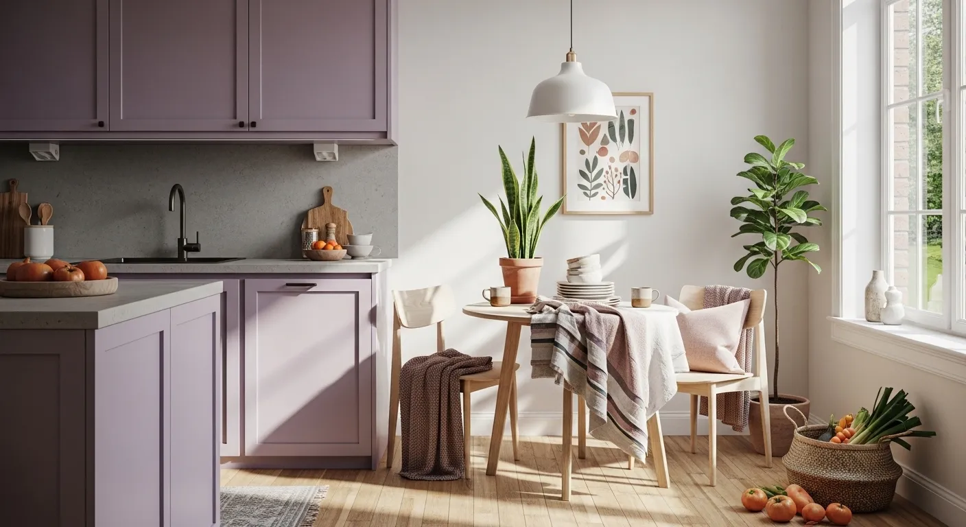 Japandi kitchen with pastel purple cabinets, wood table, plants, and sunlight