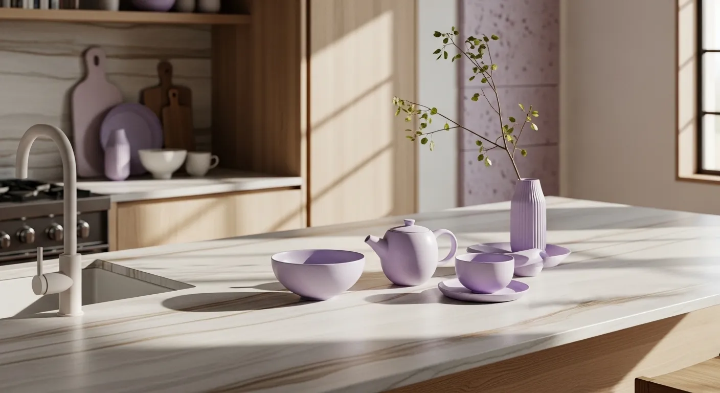 Japandi kitchen island with pastel purple ceramics, vase, and warm wood cabinetry