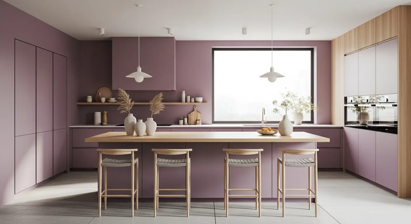 Japandi kitchen with pastel purple cabinetry, light wood island, and minimalist pendants