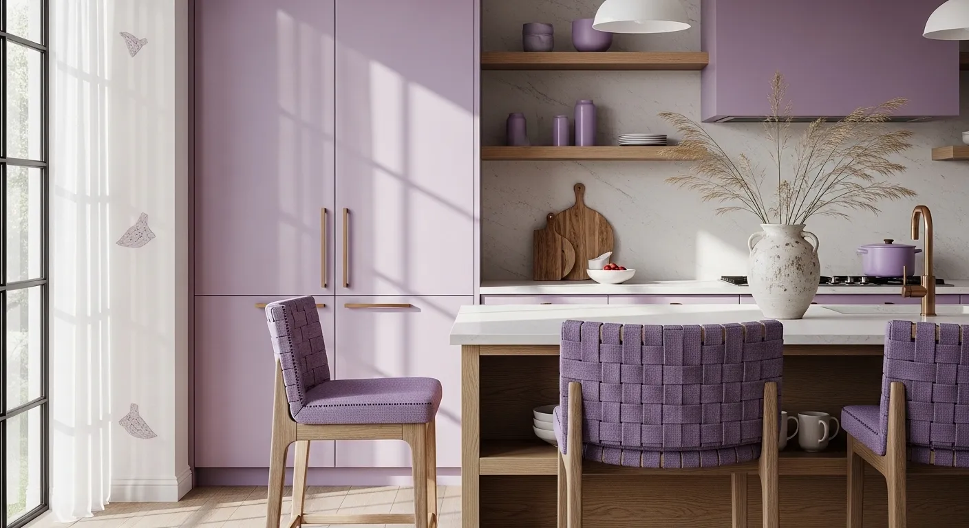 Japandi kitchen with pastel purple cabinets, wood stools, and open shelves