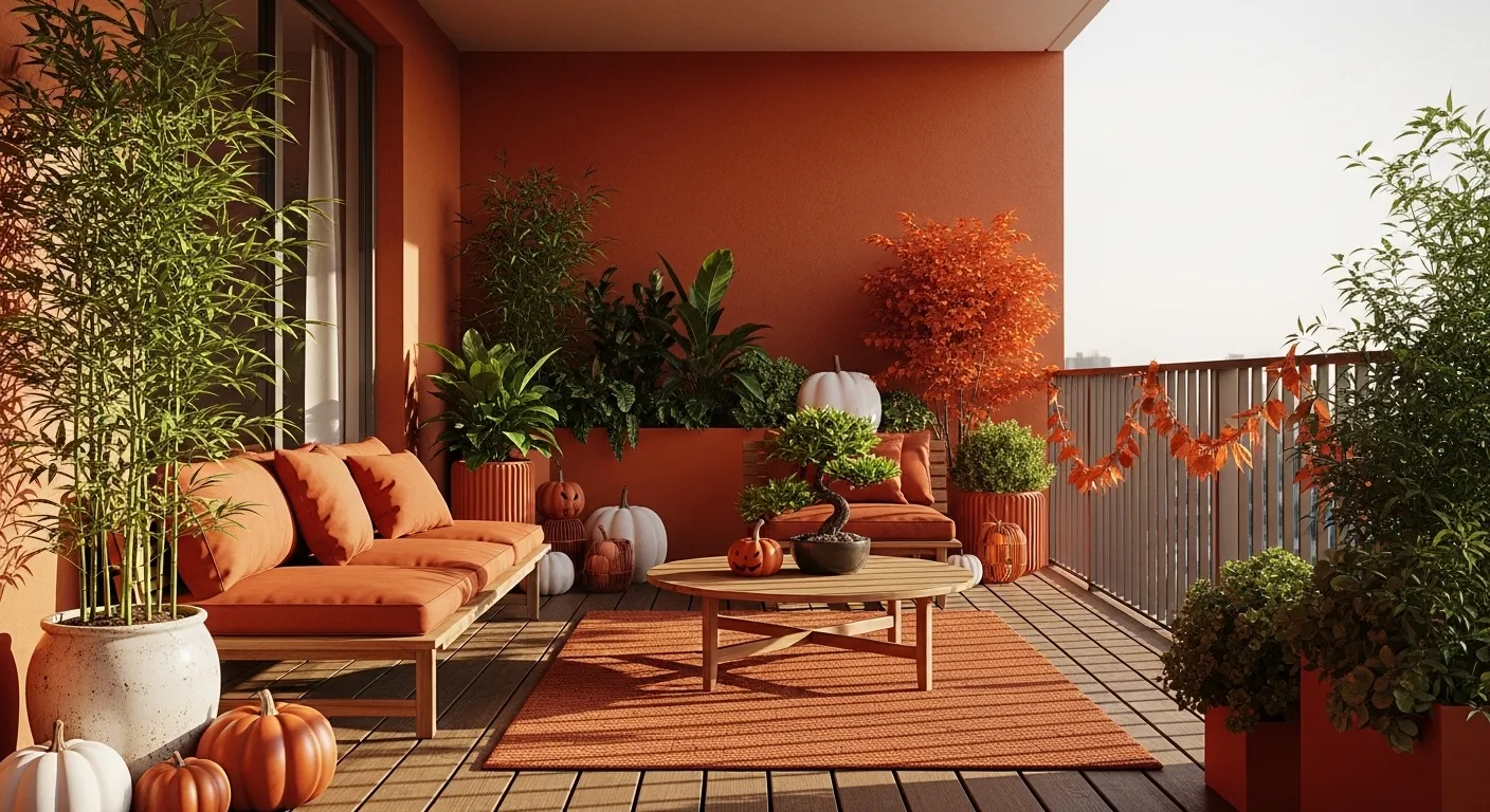 Minimalist Japandi balcony featuring light wood furniture and burnt orange cushions