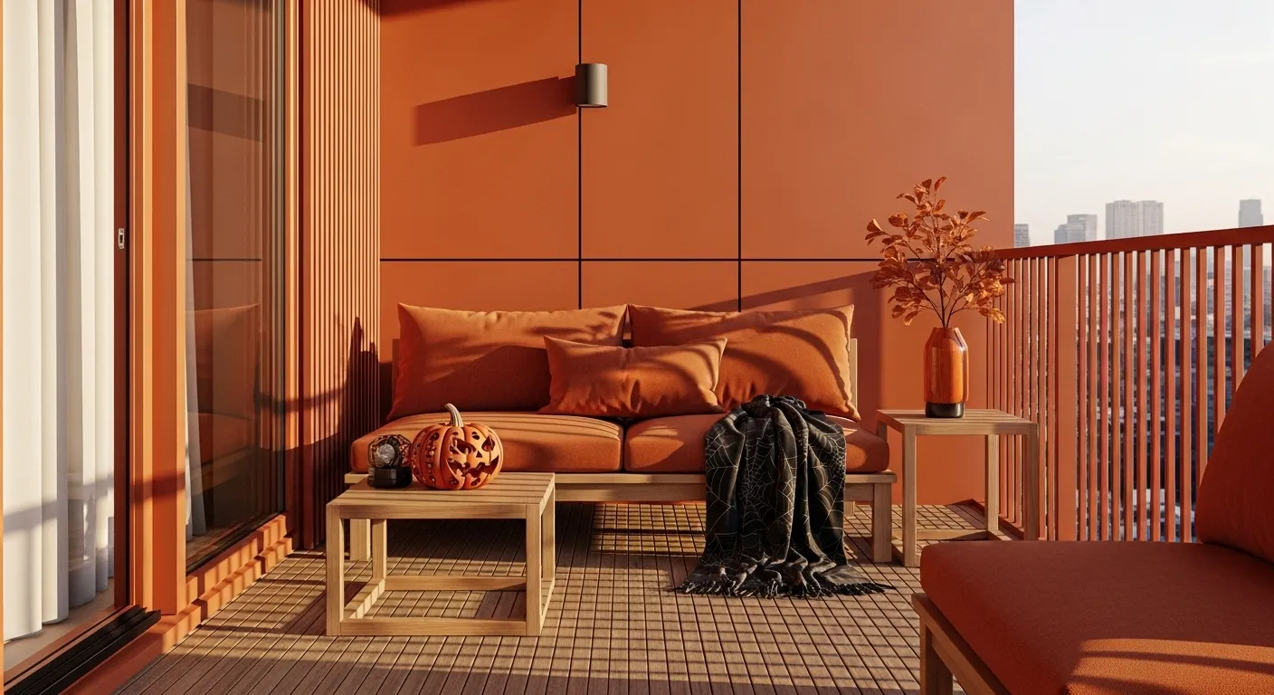 Minimalist wooden balcony furniture with cozy burnt orange cushions and potted plants