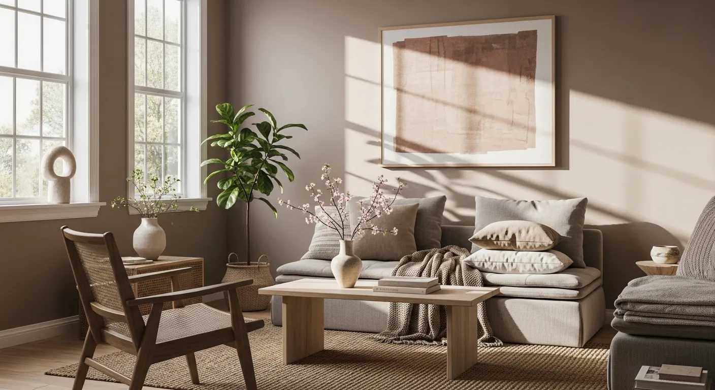 Japandi taupe living room with low wood coffee table and layered neutral cushions