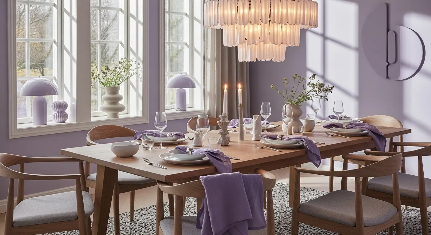 Beautiful Scandi dining room with lavender accents, wooden table, and elegant decor.