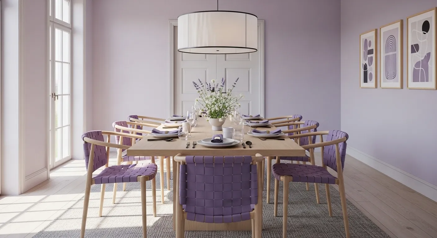 Scandi dining room featuring lavender accents and wooden furniture for an everyday feel.