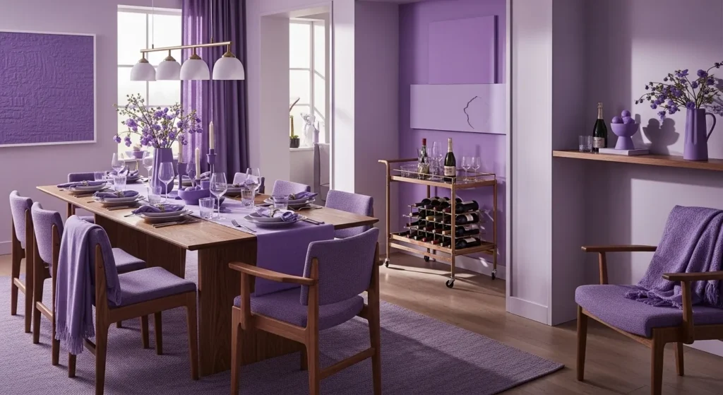 Stylish Scandi dining room decorated in lavender hues, featuring a wooden table and elegant decor.