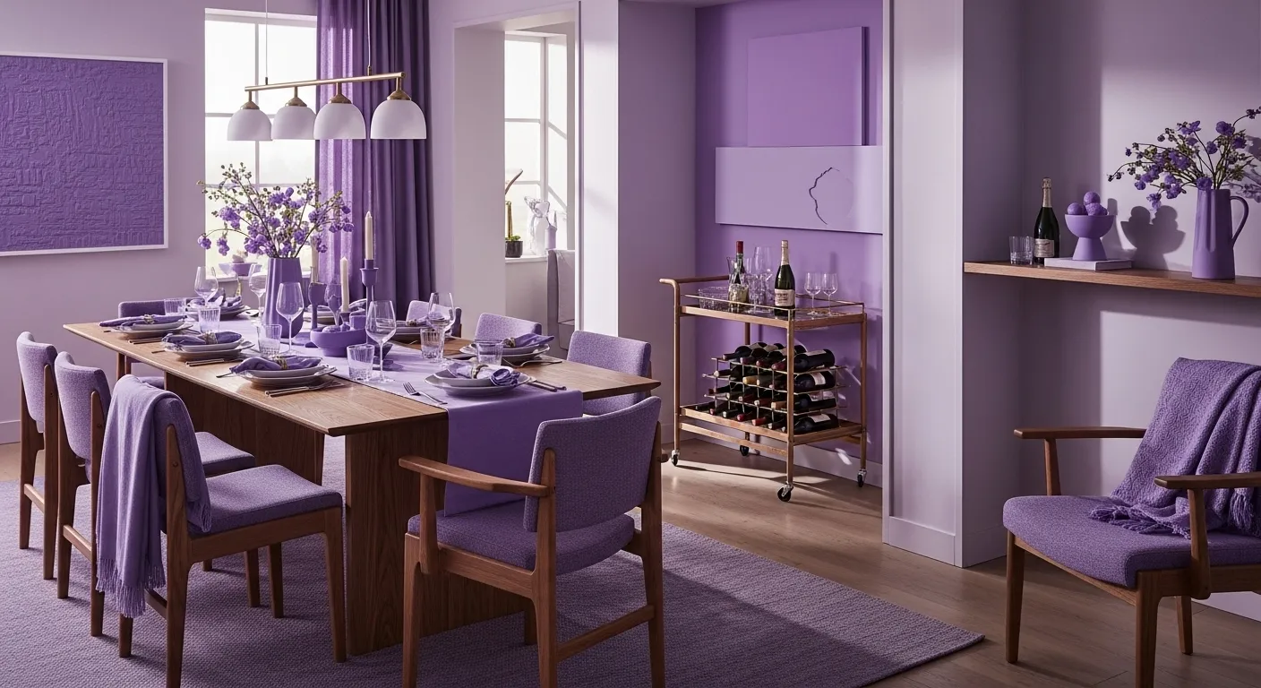 Stylish Scandi dining room decorated in lavender hues, featuring a wooden table and elegant decor.