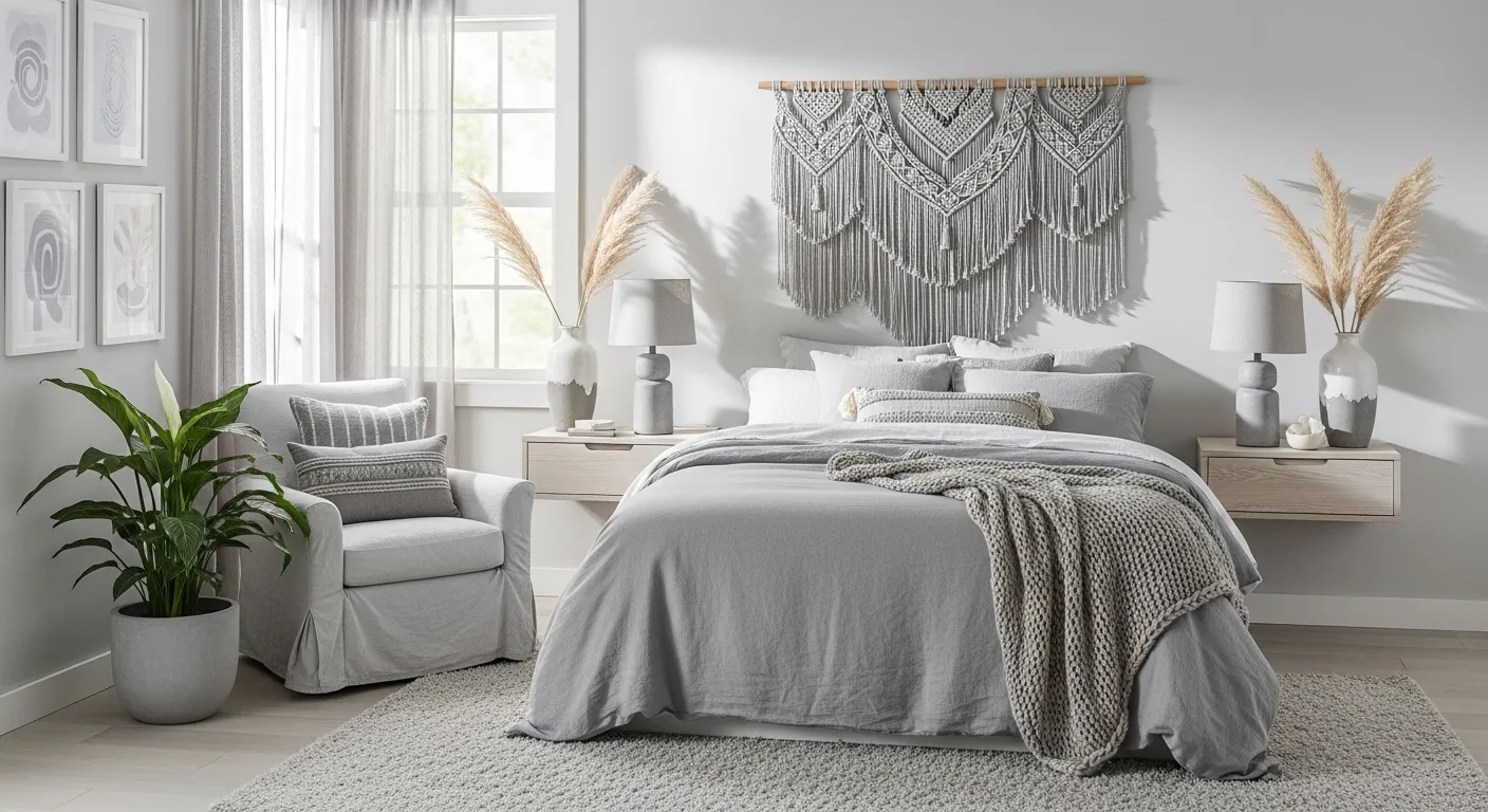 Cozy light gray bohemian bedroom featuring layered textures and natural wood accents