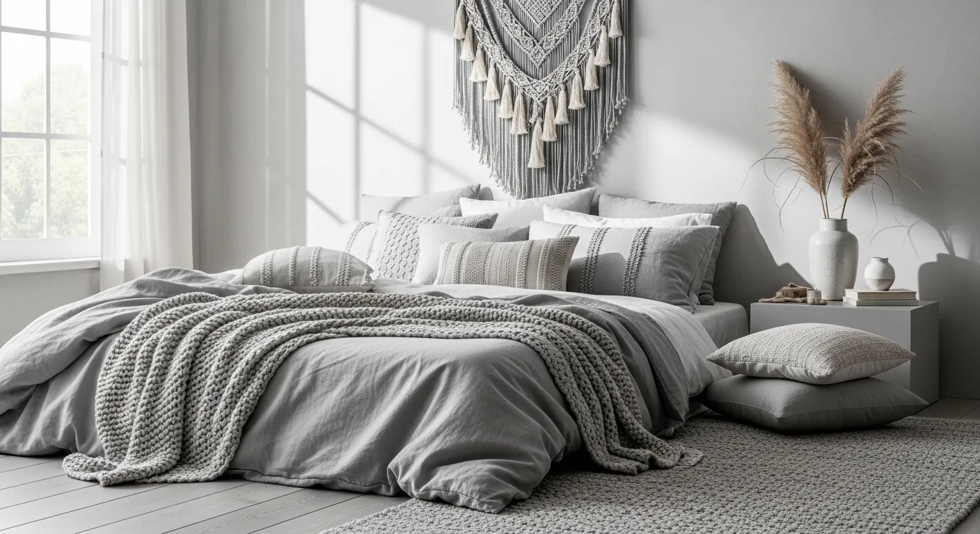 Cozy light gray bohemian bedroom featuring a rattan headboard and textured layered bedding