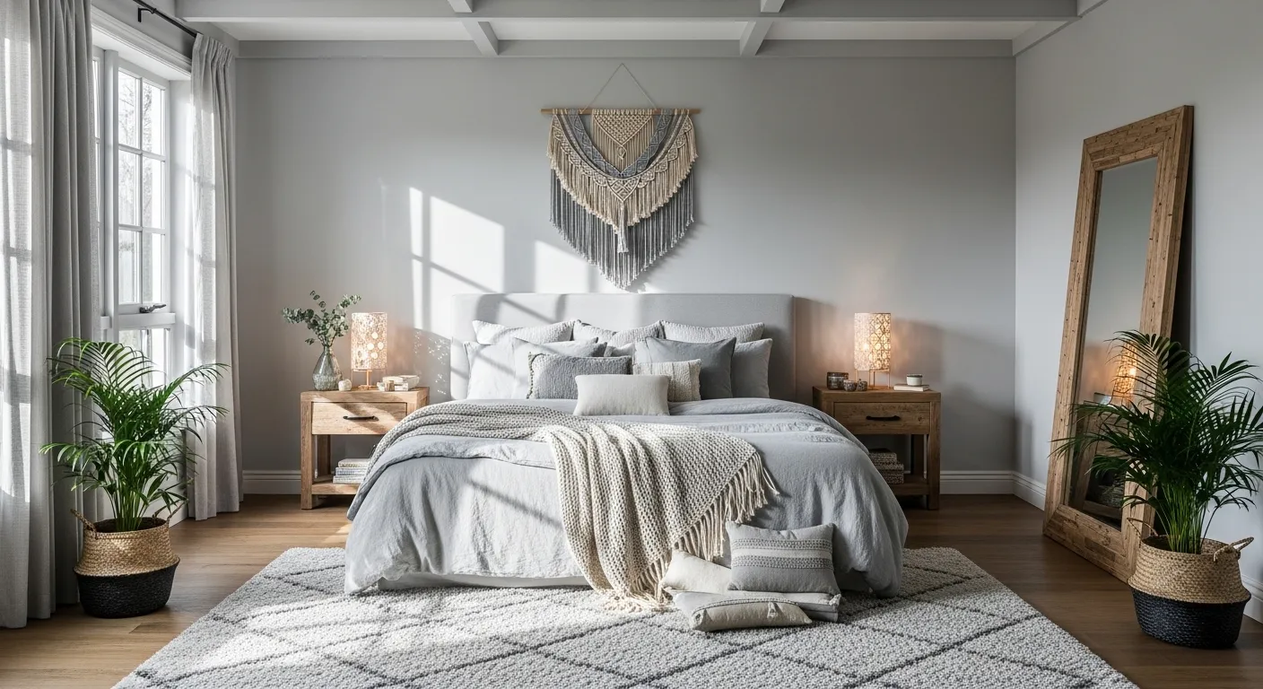 Light gray bohemian bedroom featuring textured bedding, rattan accents, and indoor plants