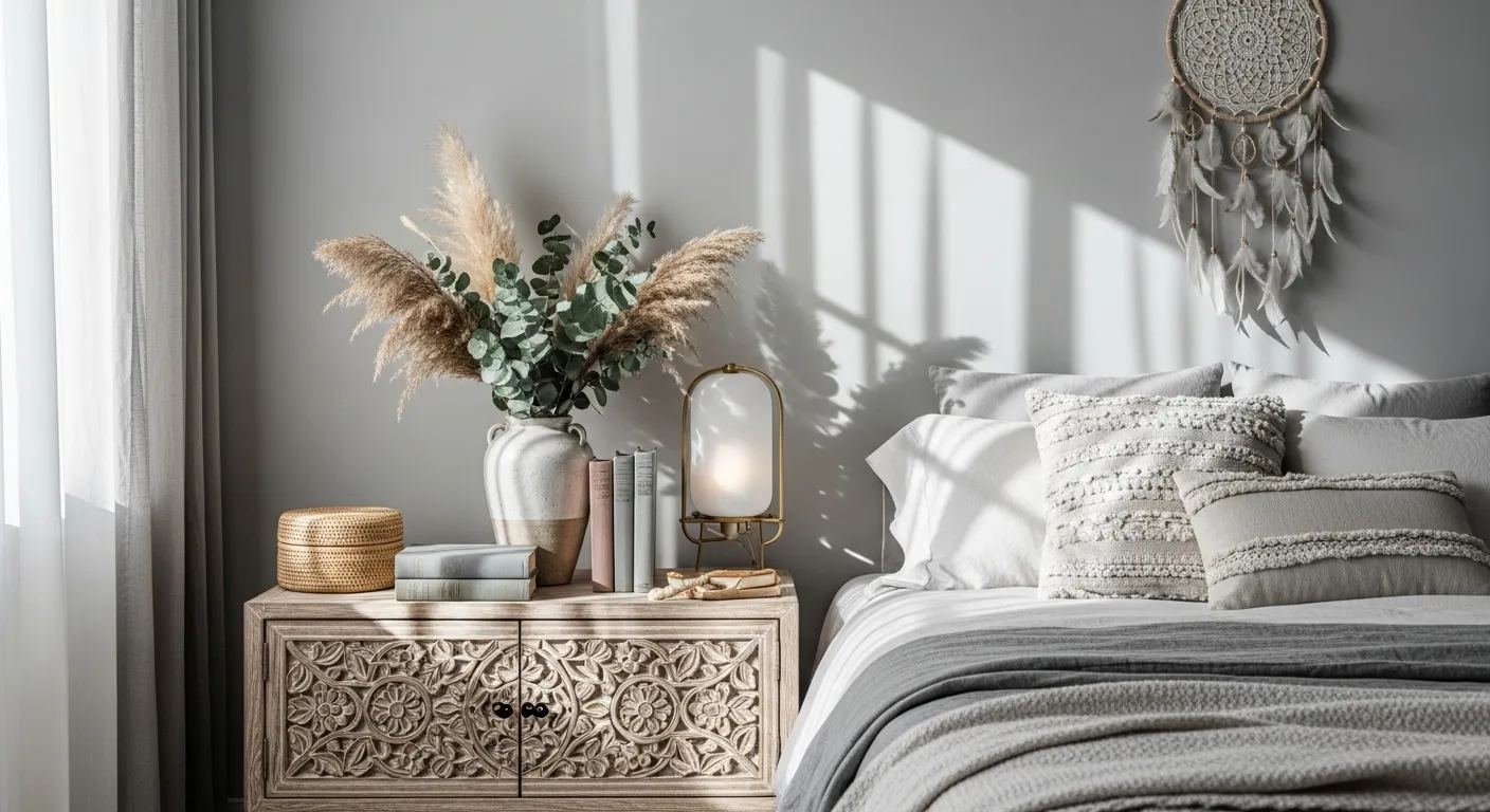 Cozy light gray bohemian bedroom featuring textured bedding and natural rattan accents