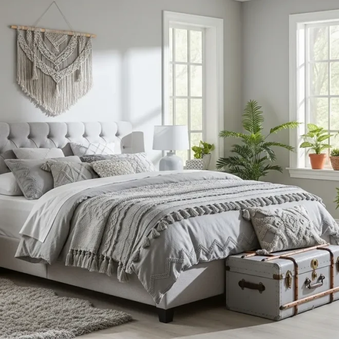 Cozy bohemian bedroom featuring light gray walls, layered textiles, and natural rattan accents