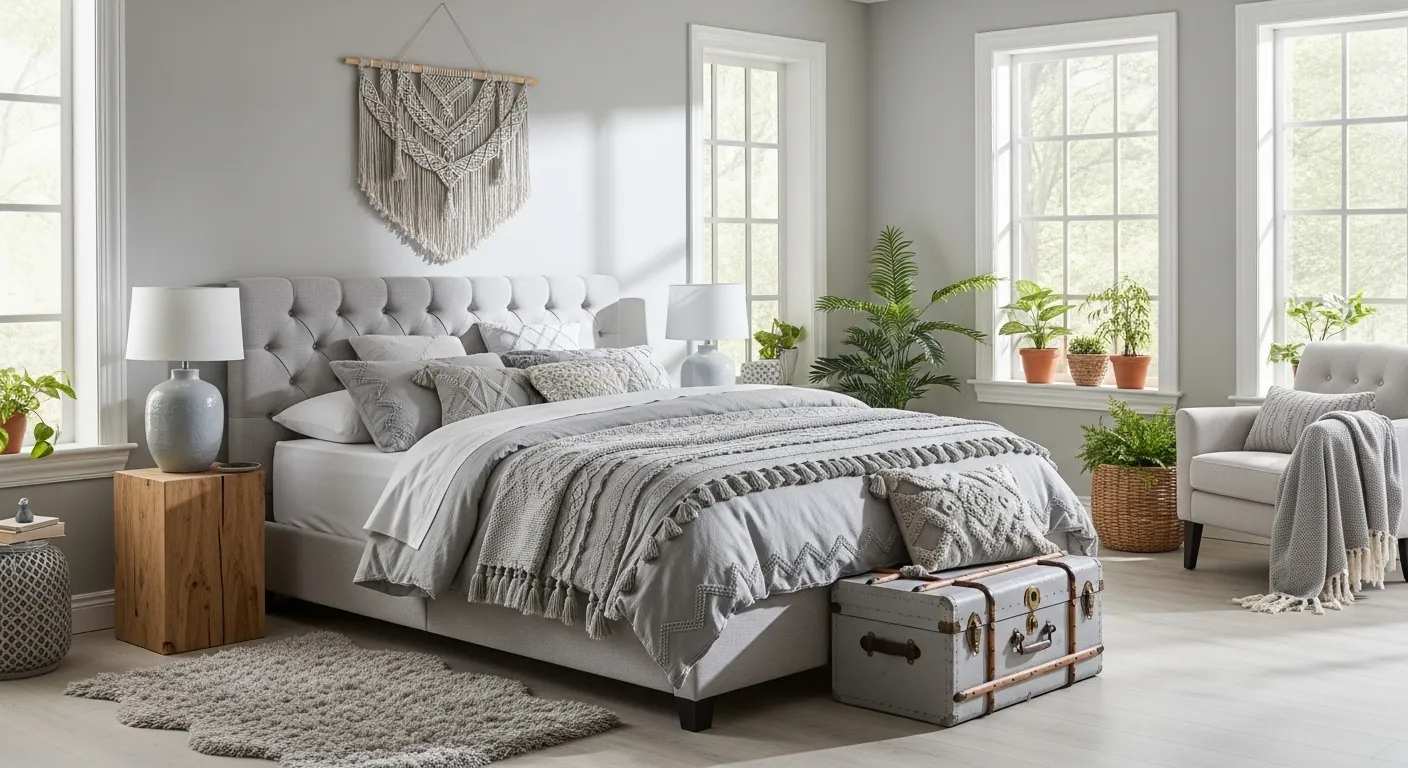 Cozy bohemian bedroom featuring light gray walls, layered textiles, and natural rattan accents