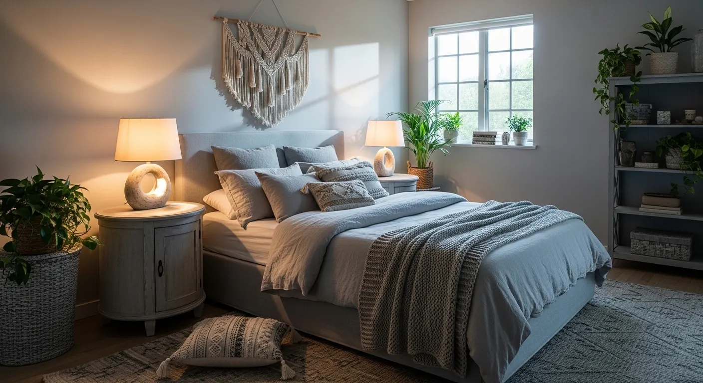 Cozy light gray bohemian bedroom featuring textured bedding, macrame wall art, and natural rattan accents