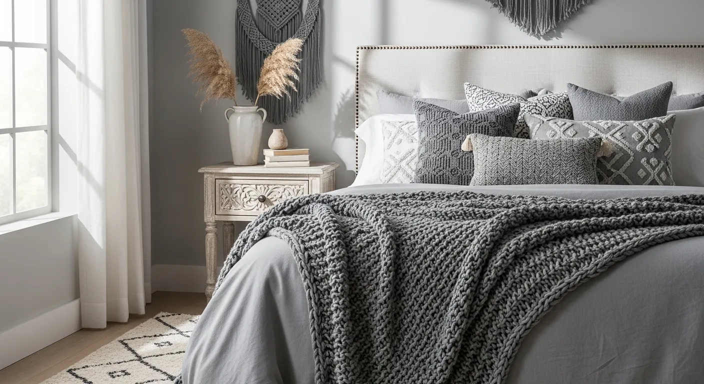 Cozy bedroom featuring light gray walls, layered boho textiles, and natural rattan furniture accents