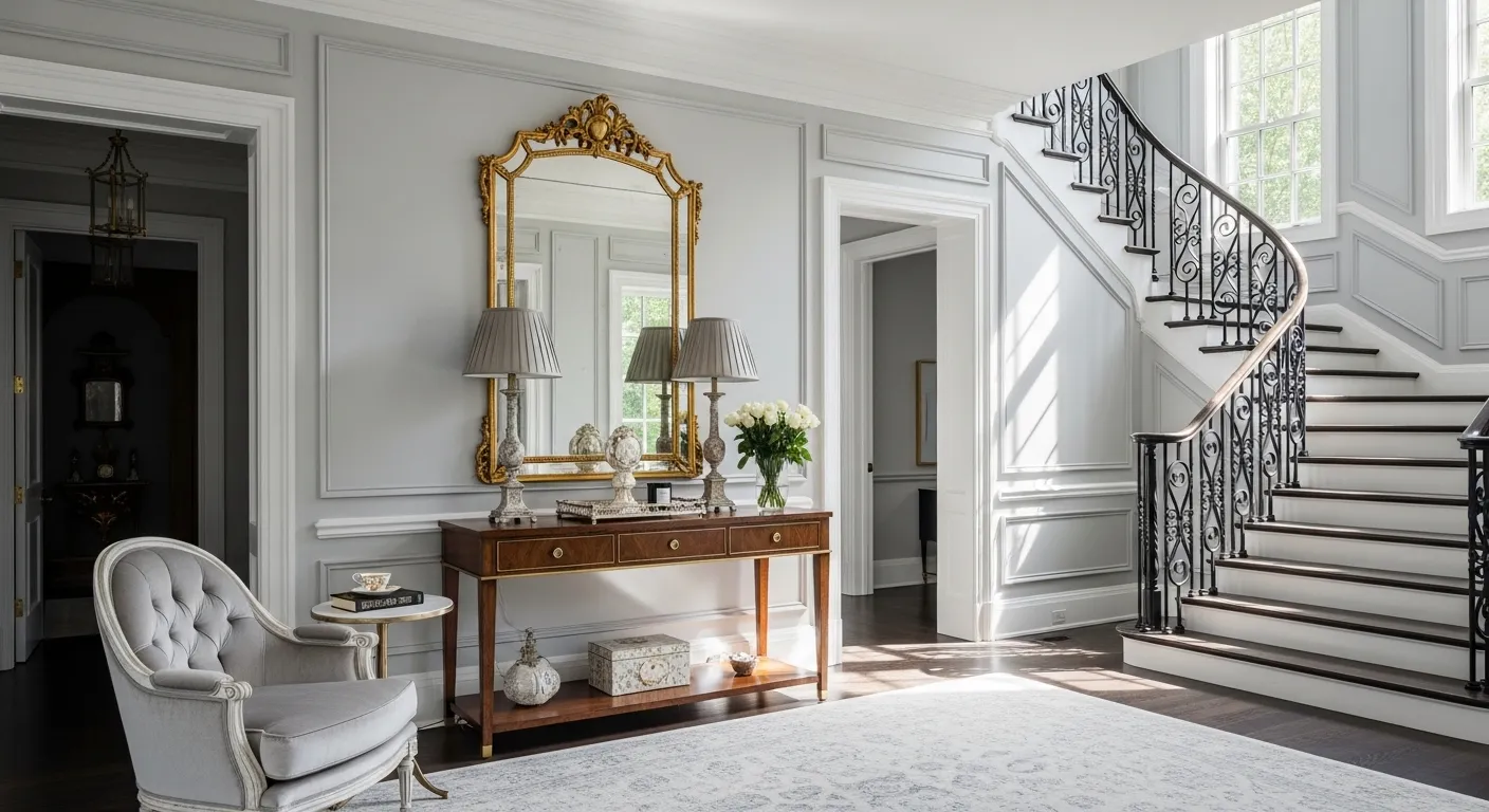 Elegant light gray foyer featuring a gold mirror and marble floors