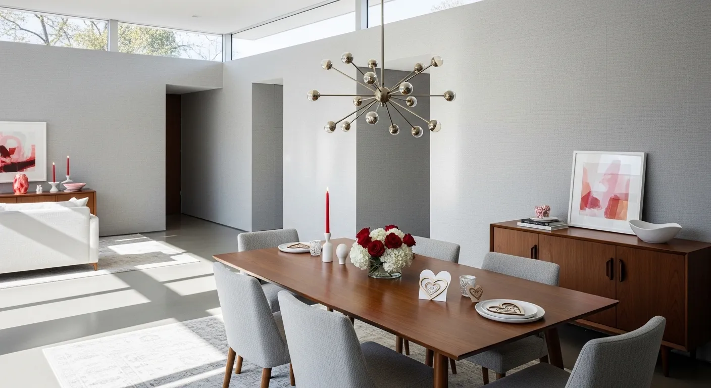 Light gray dining room featuring mid-century modern teak table and sputnik chandelier