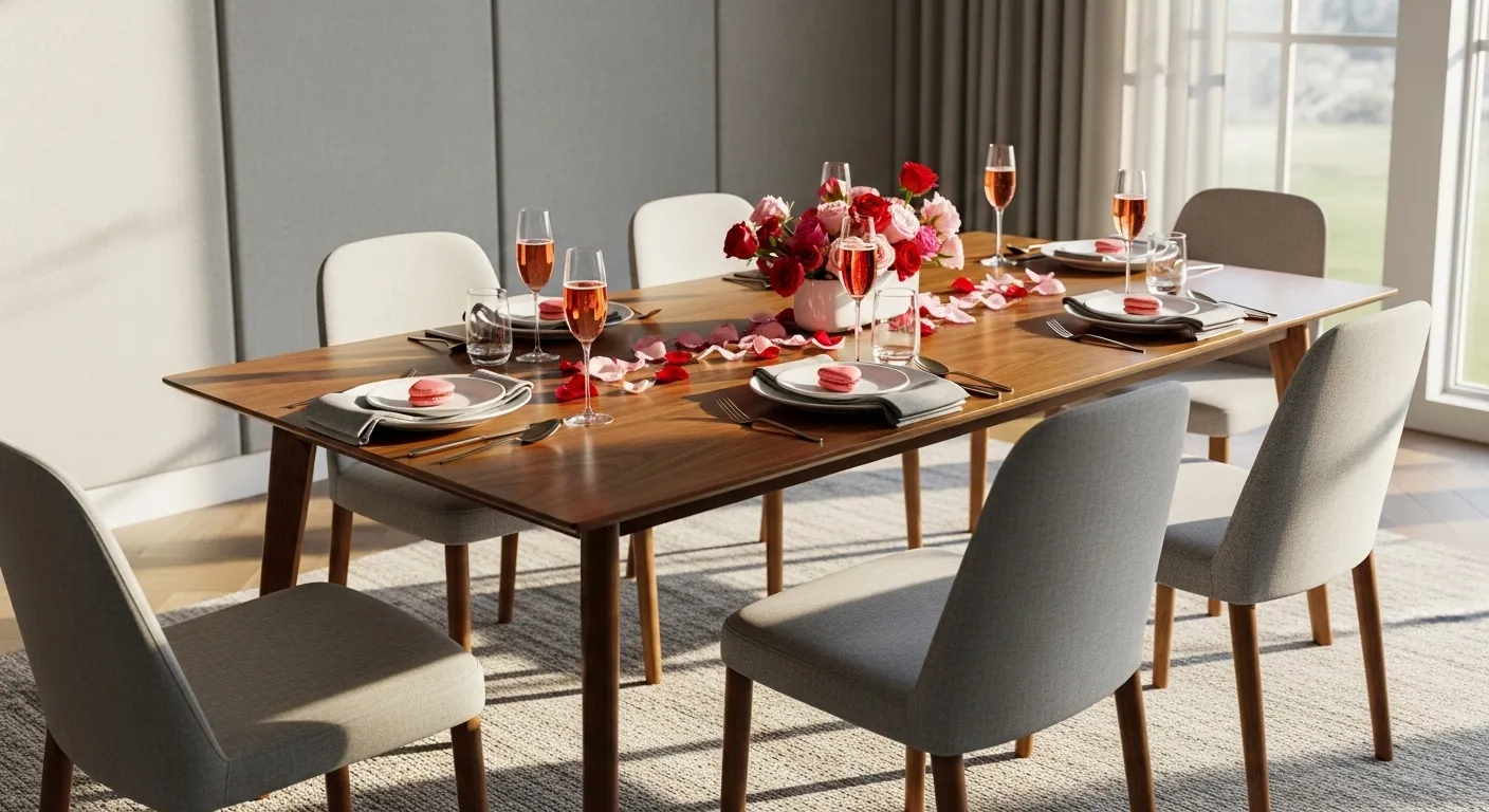 Mid-century modern dining room with light gray walls and warm wood furniture