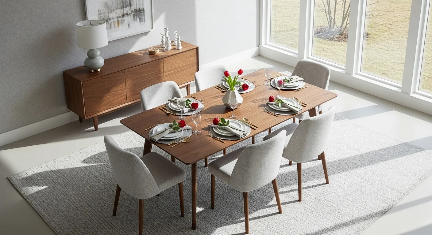 Light gray dining room featuring mid-century modern wood table and sleek tapered-leg chairs