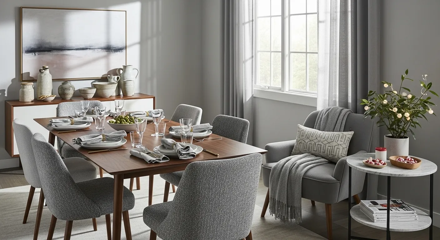 Light gray mid-century modern dining room with teak table and upholstered chairs