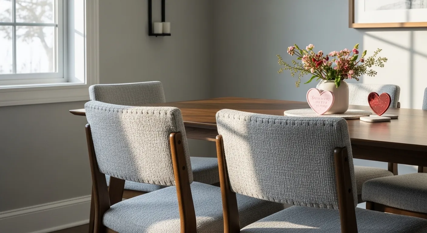 Sleek mid-century modern teak dining table and chairs in a soft light gray room