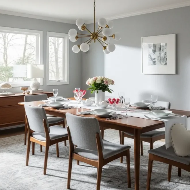 Mid-century modern dining room featuring light gray walls and a walnut table set