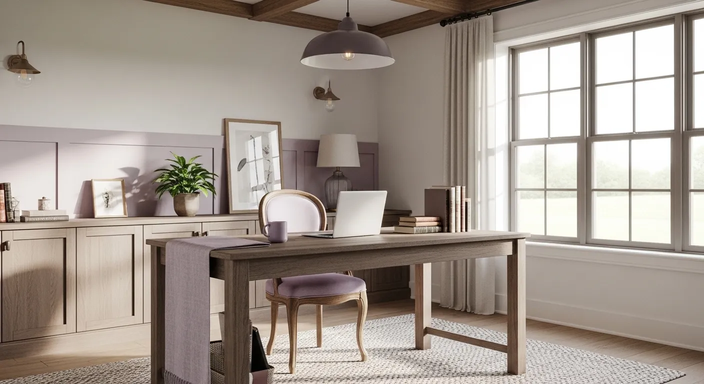 Farmhouse home office with lilac wainscoting, wood desk, and bright window