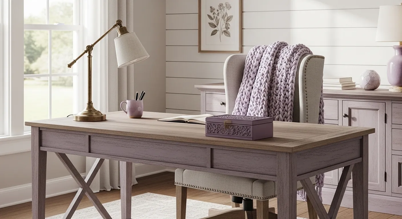 Farmhouse home office with lilac desk, chunky throw, and brass lamp
