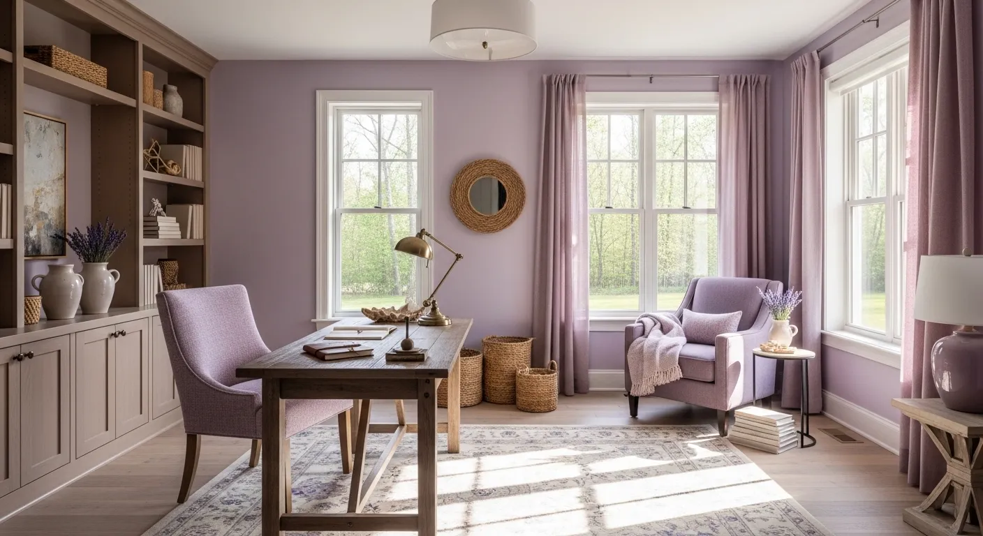 Lilac farmhouse home office with wood desk, armchair, and woven baskets