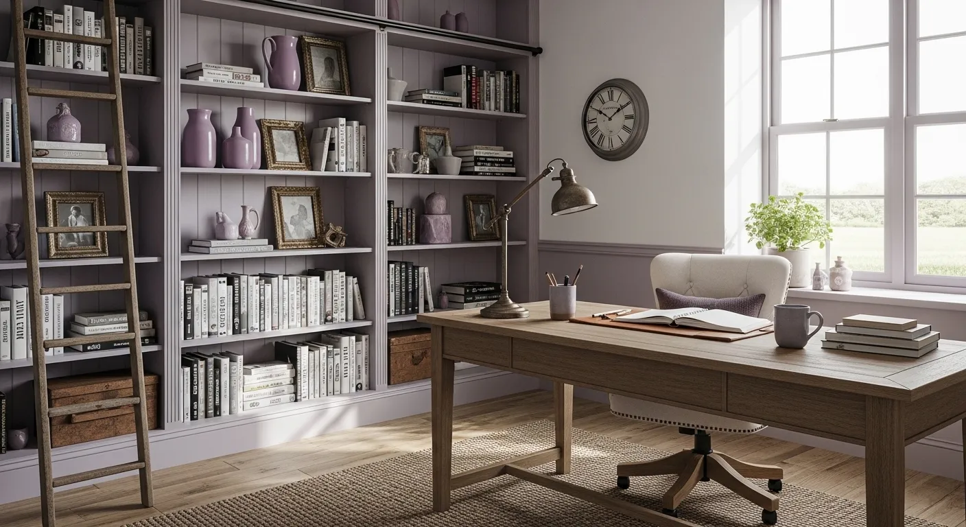 Lilac farmhouse home office with built-in shelves, rustic desk, and window light
