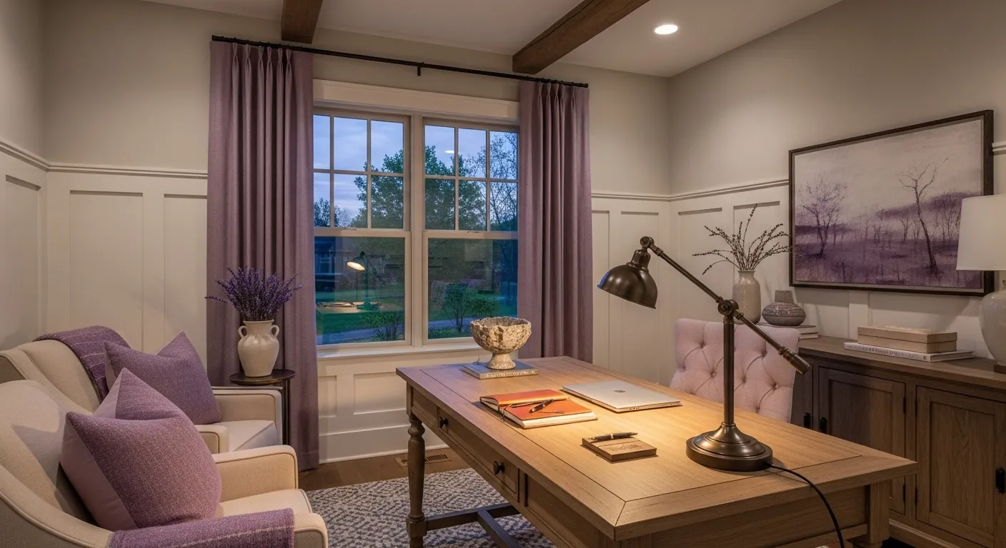 Farmhouse home office with lilac curtains, wood desk, and tufted chair