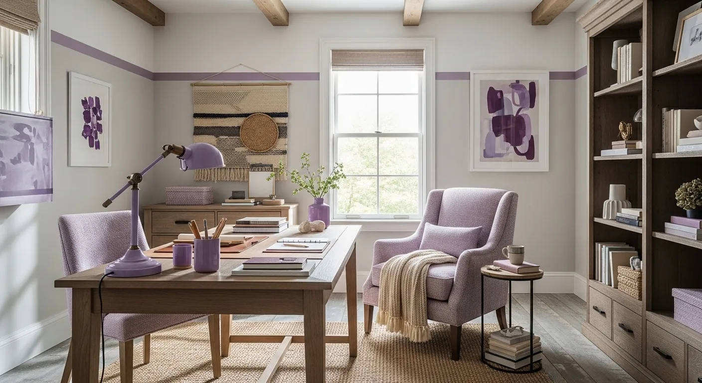 Farmhouse home office with lilac accents, wood desk, and cozy armchair