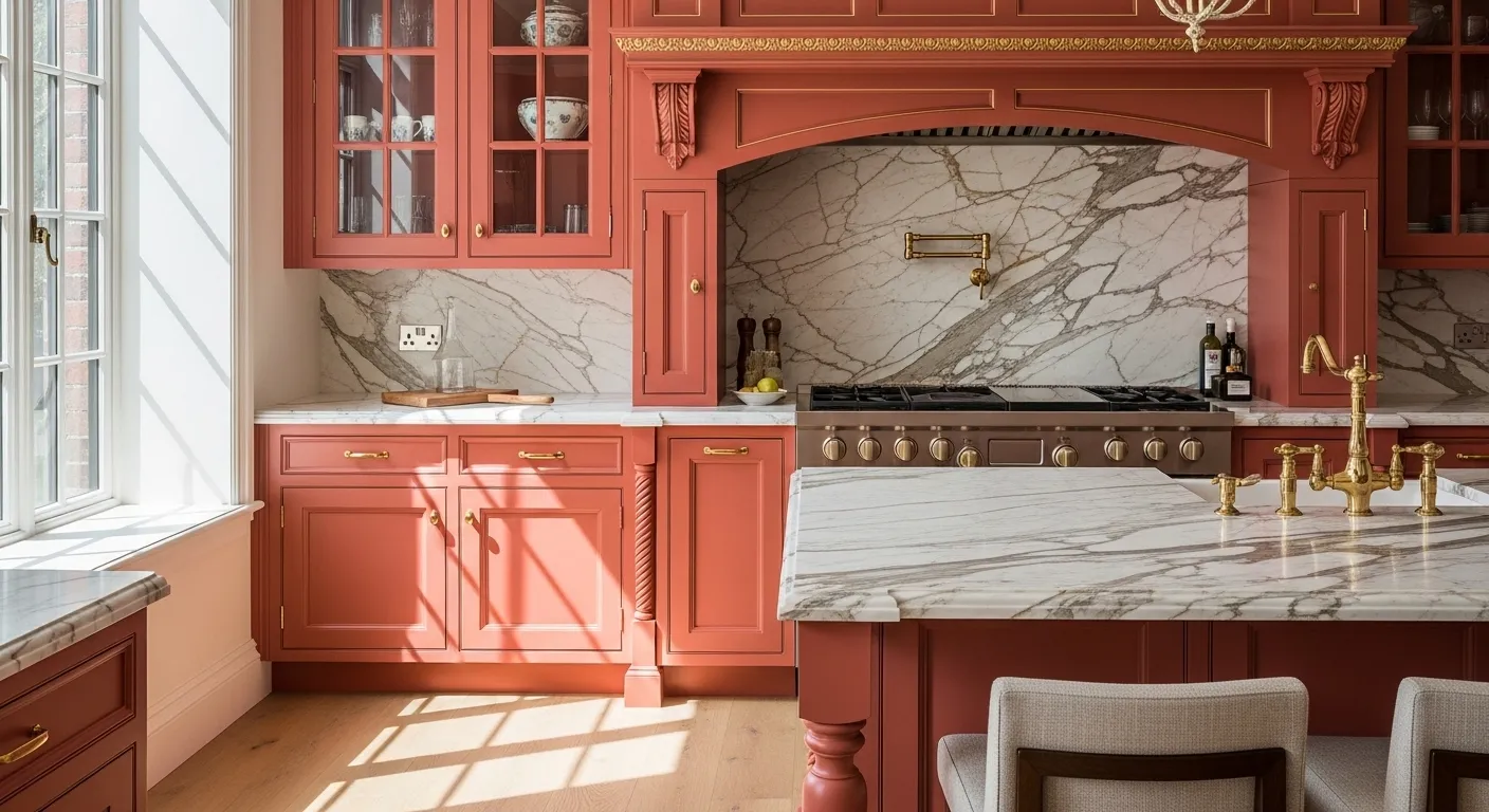 Classic luxury kitchen featuring coral cabinetry, marble island, and gold hardware