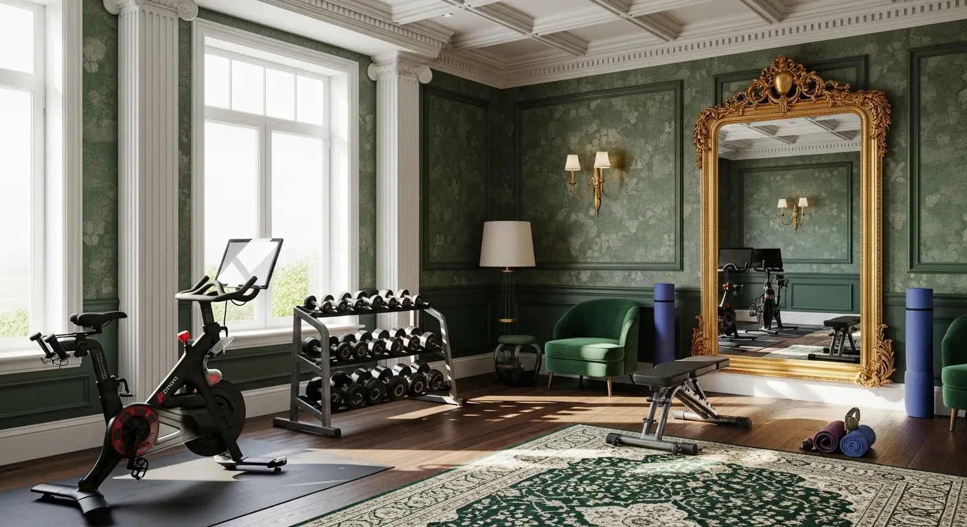 Opulent home gym featuring emerald green walls, decorative molding, and gold accents