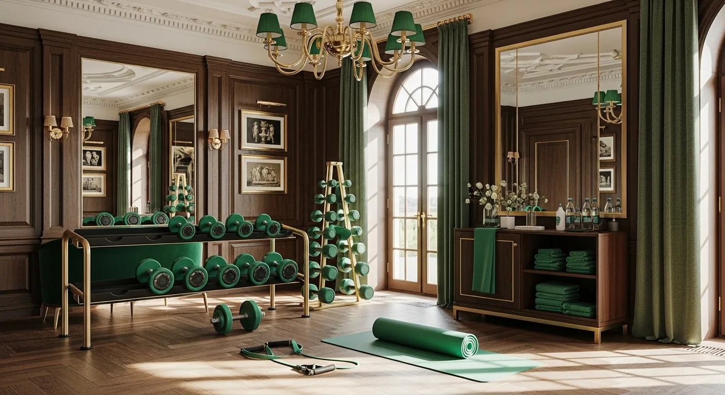 Classic luxury home gym featuring emerald green paneling and gold framed mirrors