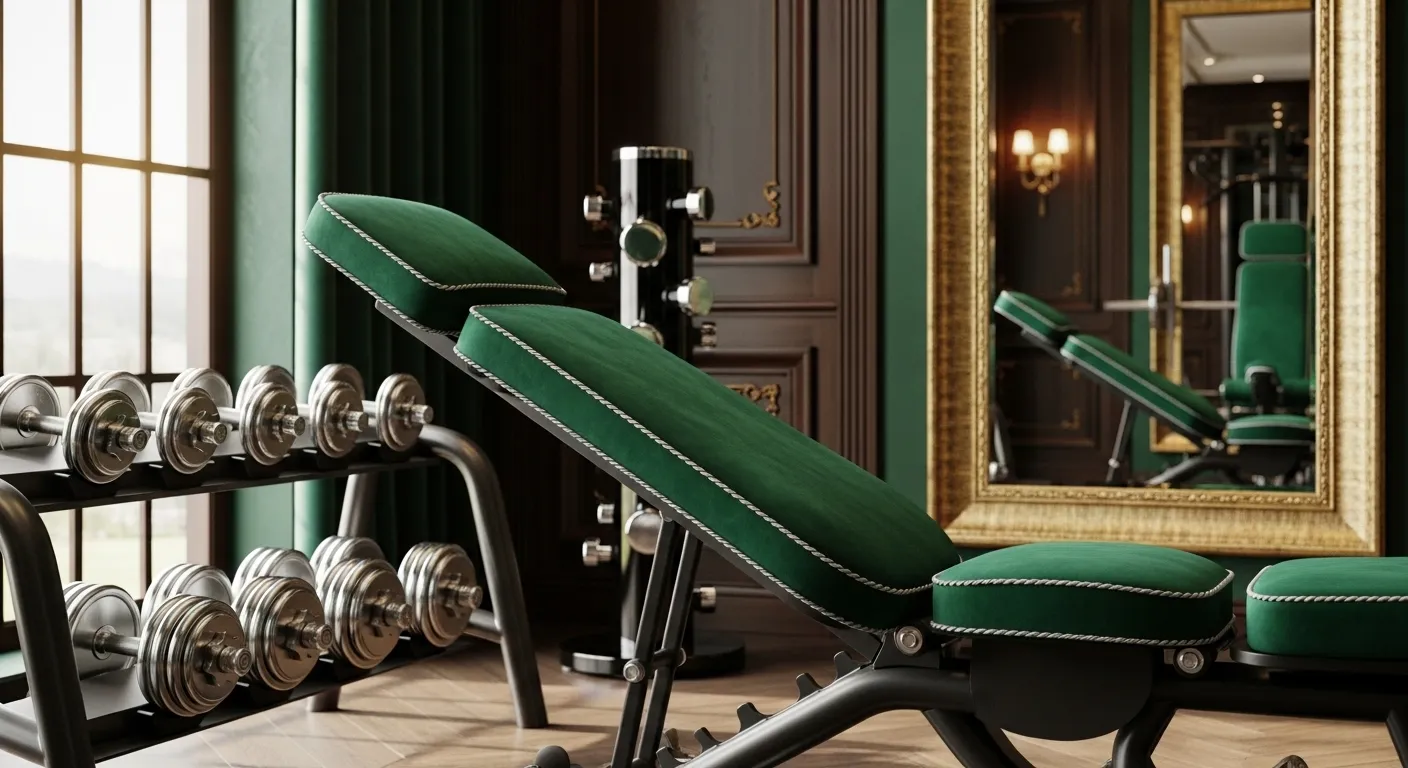Elegant home gym featuring emerald green paneled walls, brass lighting, and workout equipment