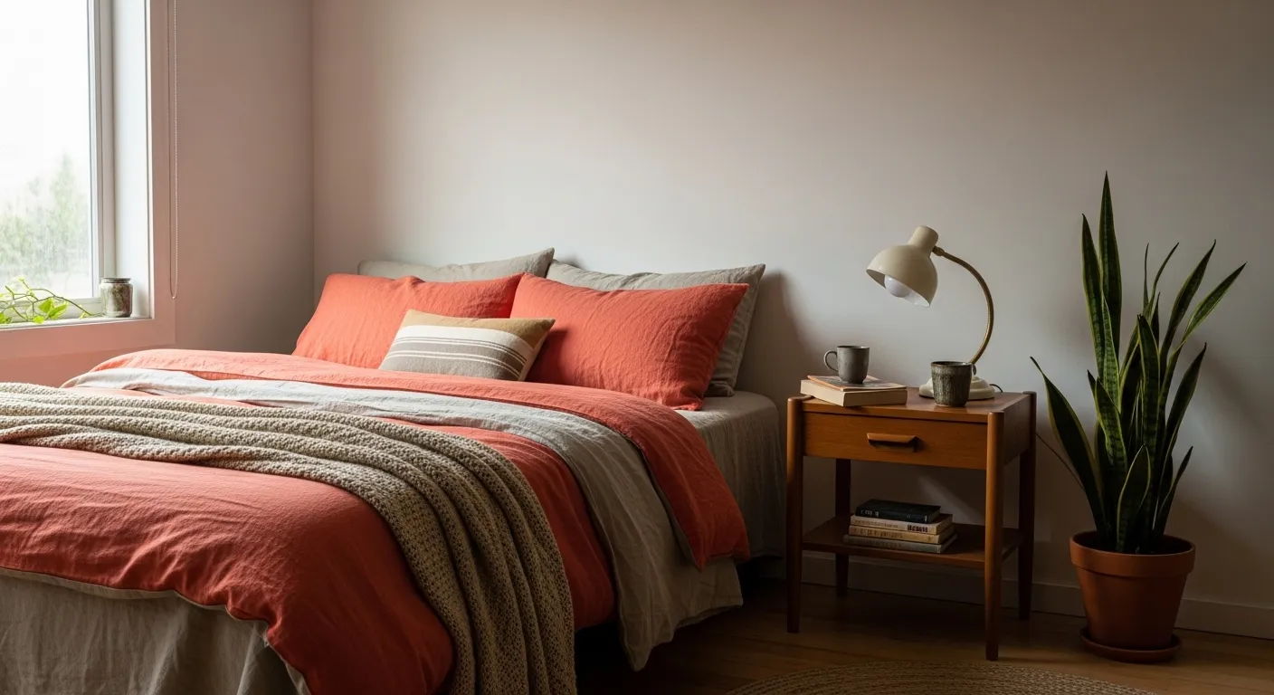 Styling mid-century modern bedroom ideas with a coral upholstered bed and retro accessories