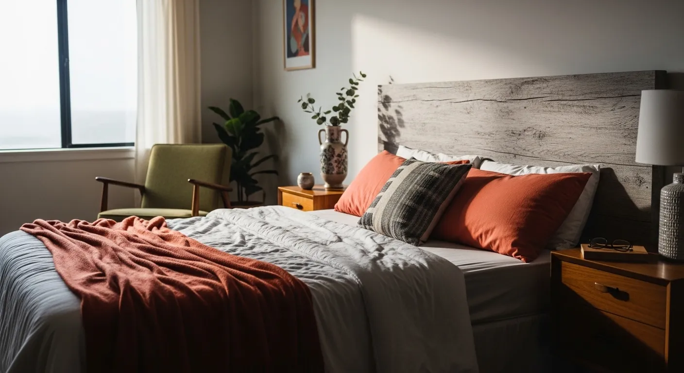 Mid-century modern bedroom ideas showing a complete look with coral walls