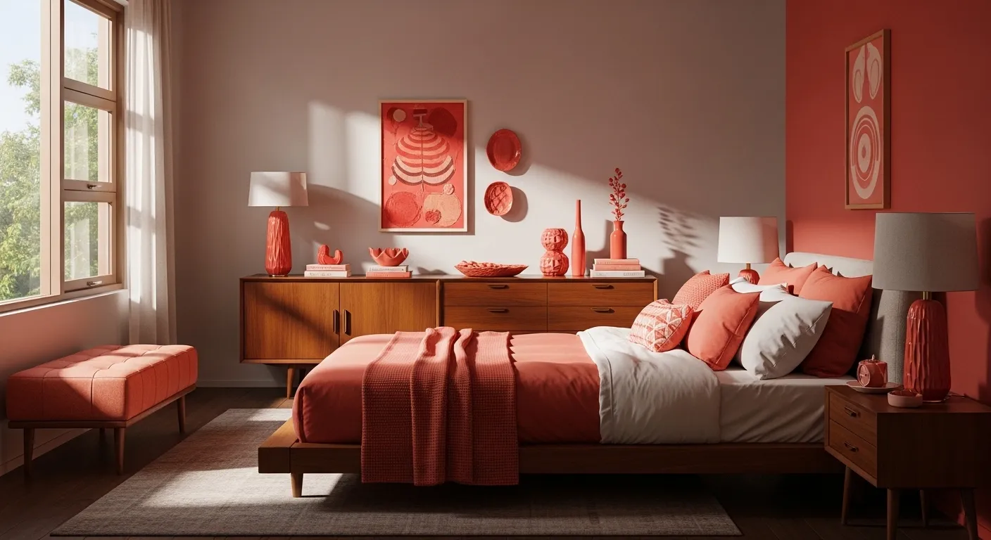 Mid-century modern bedroom ideas illustrating a warm coral accent wall and walnut wood combinations