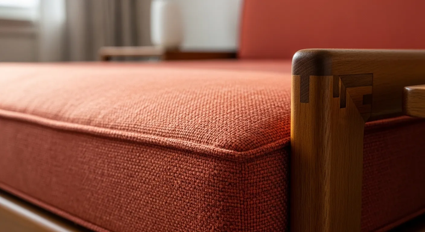 Essential mid-century modern bedroom ideas showing sleek walnut furniture and coral accents