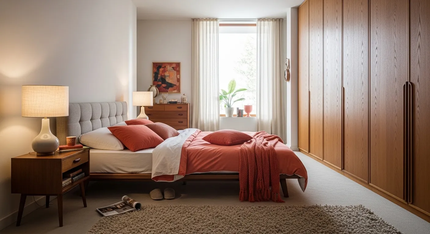 Mid-century modern bedroom ideas highlighting lighting and soft coral ambiance