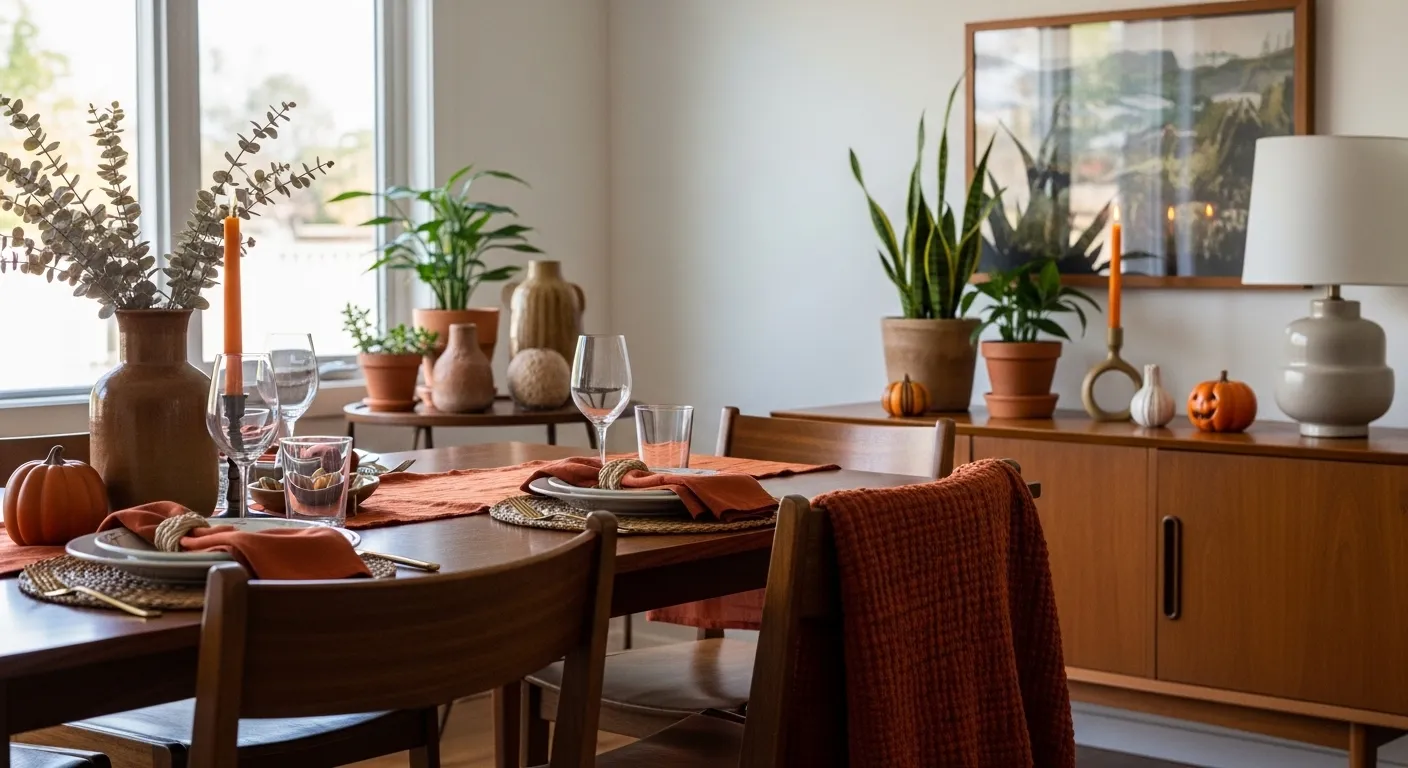 Styling tips for Mid-Century Modern Dining Room ideas using rust accents