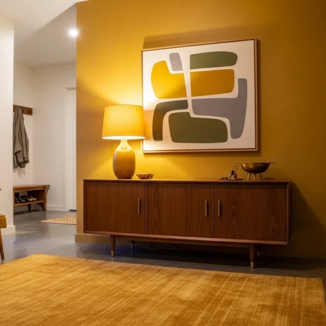 Mid-century modern entryway featuring a mustard yellow door and sleek walnut console table